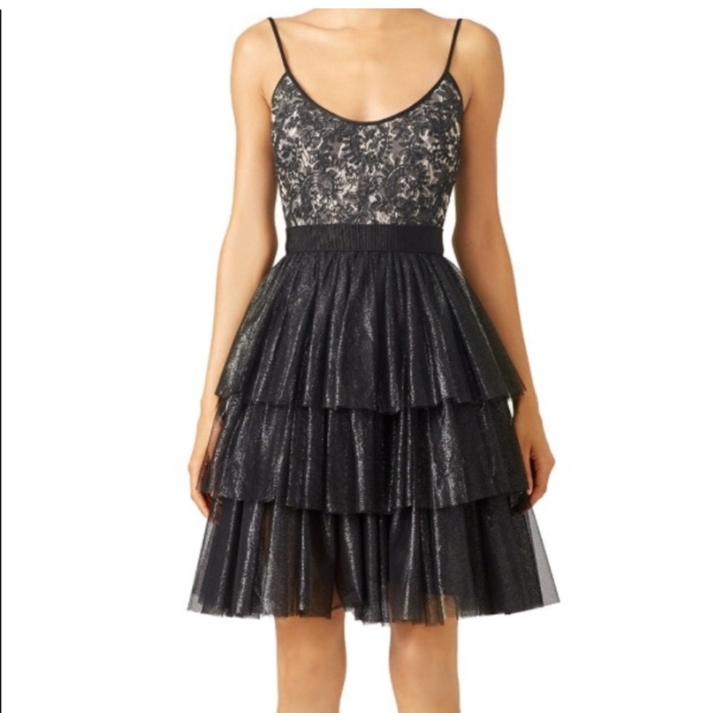 Badgley Mischka Black Lace Tiered Dress